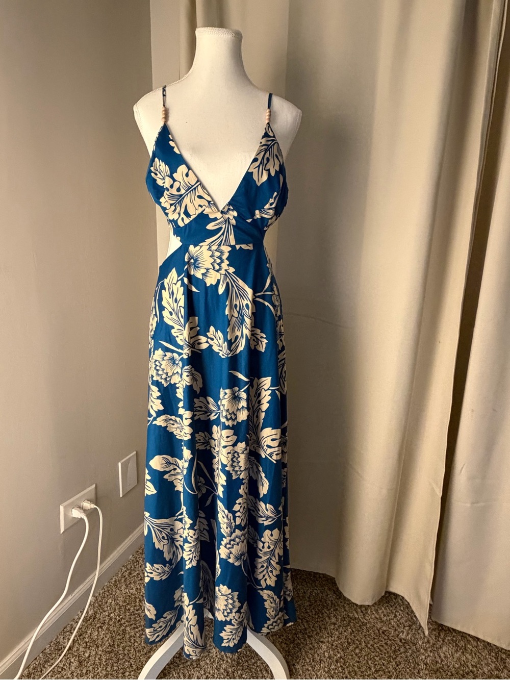 Zara Teal-Blue Floral Plunge Maxi Dress
